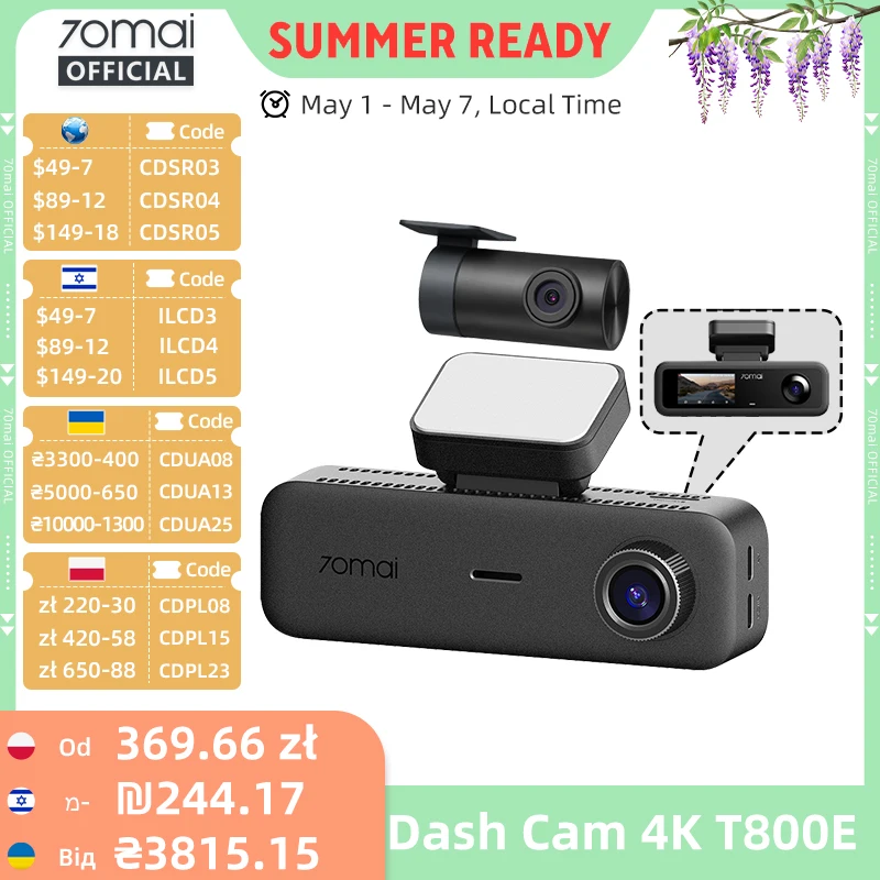 70mai T800E 3-Channel Front 4K + Rear 1080P + Interior 1080P HDR  Supercapacitor GPS WiFi 6 70mai T800E Dash Cam Voice Control