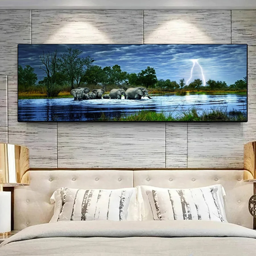 

New Diamond Painting Extra Large Size Lightning Elephant River Diy Full Mosaic Embroidery Animals Rhinestone Picture Wall Decor