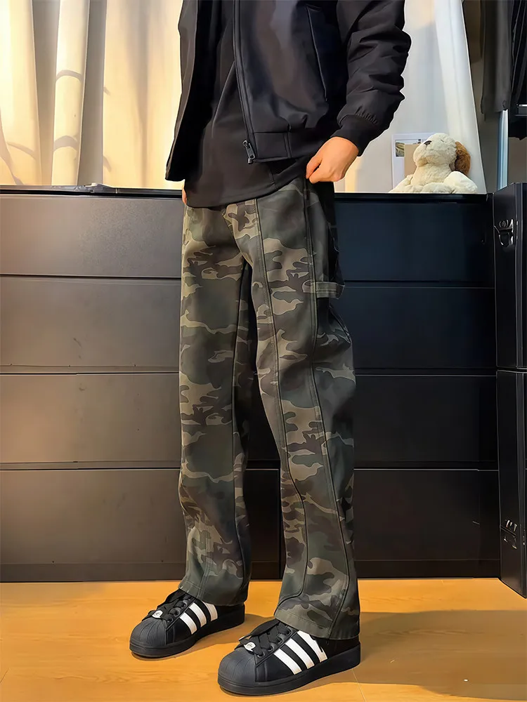 

Мужские джинсы-клеш в американском стиле, камуфляжные, на флисовой подкладке, облегающие, осенне-зимние, модные, повседневные брюки
