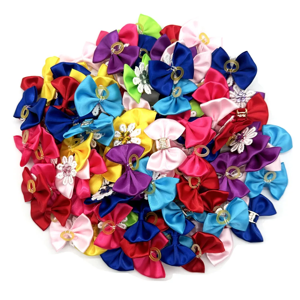 100pcs Cute Fahion Dog Bows For Samll Cat Hair Clips Plaid Solid Dogs Bowknot Dogs Cats Hair Accessories Pet Grooming Products