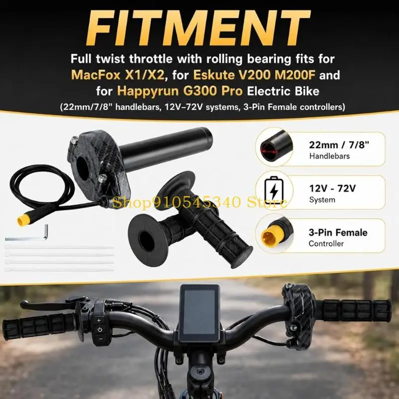 U2JA Handlebar Grip Control Assembly for Electric Bike Repair, Full Twist 3 Pin Cable End, 7/8 Inch Set, 12V-72V with Grips