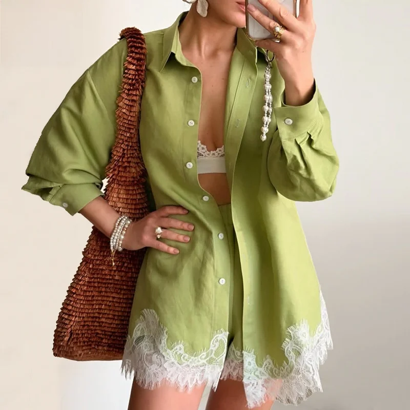 

Elegant Large Size Lace Long Shirt Dress Set Women's Loose Fit Summer Spring Fashion Holiday Style Cotton Breathable Top