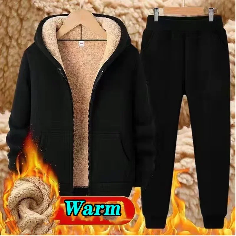 Men\'s Sets Tracksuit Men Lamb Cashmere Winter Wool Hooded Sweatshirt Thick Warm Sportswear Male Suit Two Piece Set Casual Sets