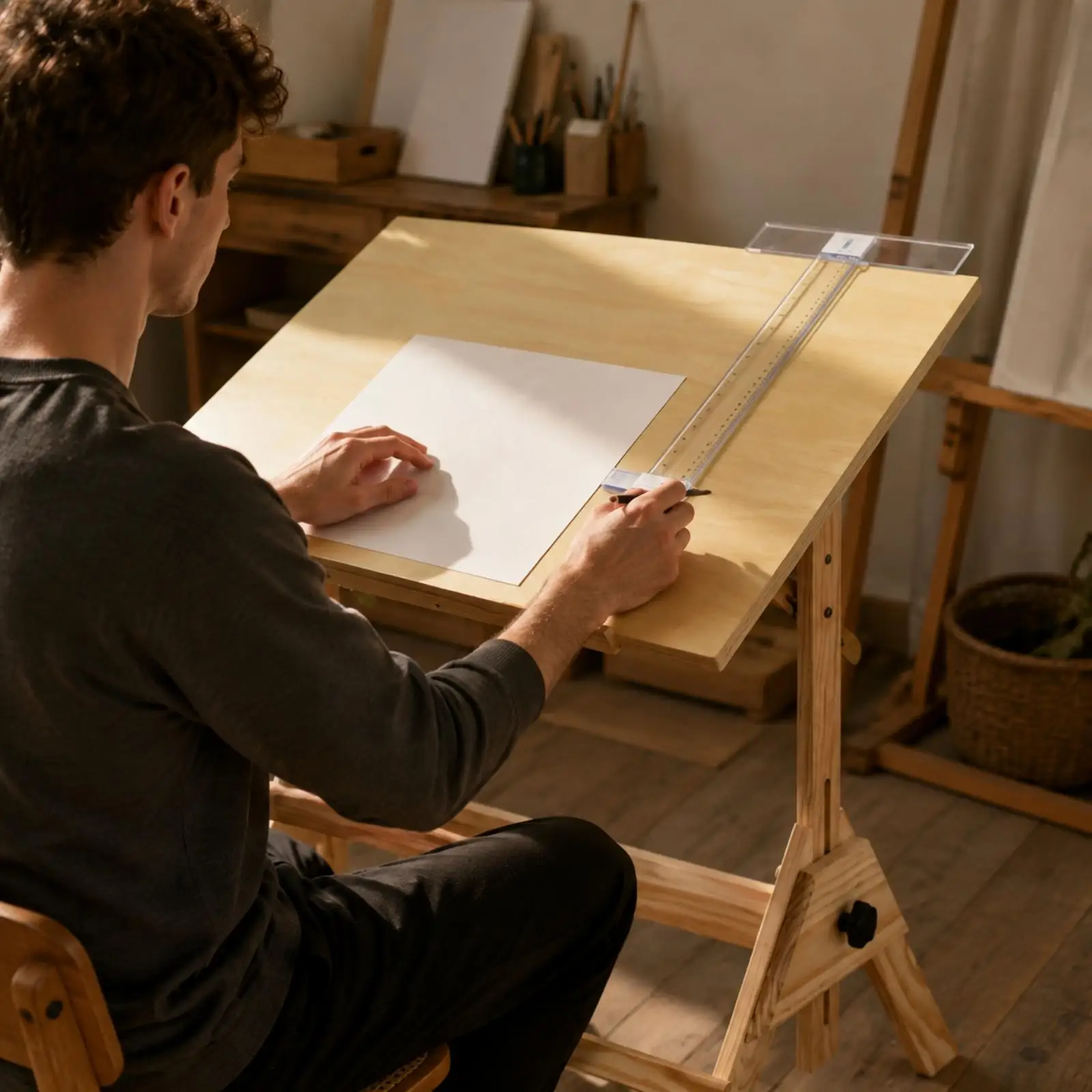 Tiltable Wooden Drafting Desk with Adjustable Elevation and Edge Rail for Artist Workbench Table