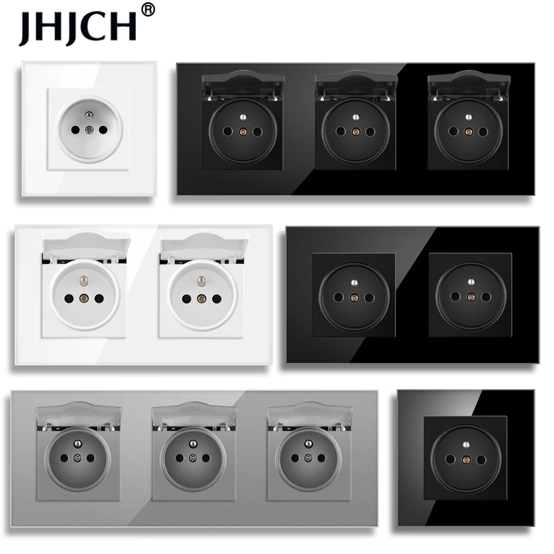 JHJCH-enchufe de pared de doble marco de Francia panel de cristal blanco/negro de 16A 220V 157mm x 86mm toma de corriente