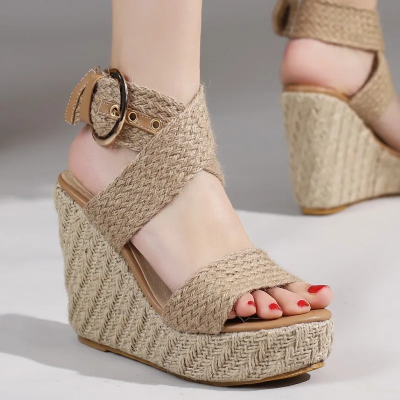 Large Size Summer Wedge Shoes For Women Sandals Platform Wedges High Heels Beige Knitted Gladiator Flip Flops Female Comfortable