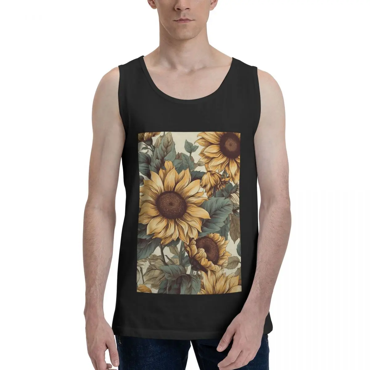 Golden Sunflower Cluster Vintage Botanical Drawing 100% Cotton Men's Sweatshirt Vest Sleeveless Tees Men Tank Tops T-shirt
