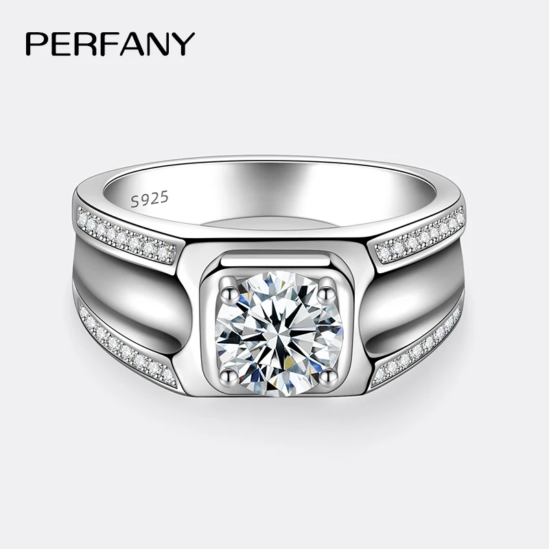 PERFANY 1CT مويسانيتي الدائري للرجال S925 الفضة النقية مطعمة مختبر الماس خاتم الخطوبة مجوهرات الزفاف الفاخرة #4