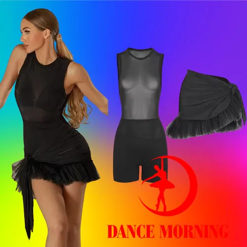 

New zym Latin Dance CLothes Women Sleeveless Mesh Tops Fluffy Skirt Black Dress Adult Practice training Latin Dance Dress