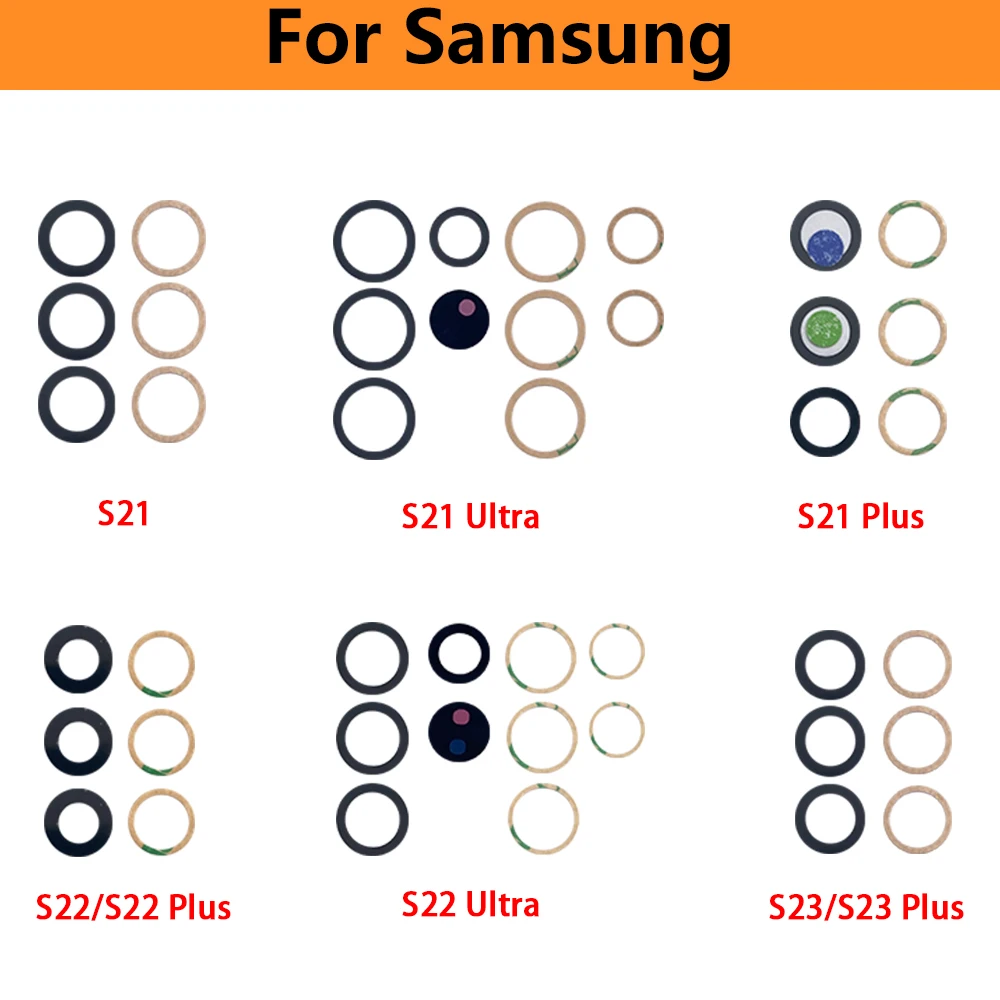 Obiettivo in vetro per fotocamera posteriore posteriore per Samsung S20 S21 S22 S23 S24 Plus vetro per fotocamera Ultra FE 5G con adesivo