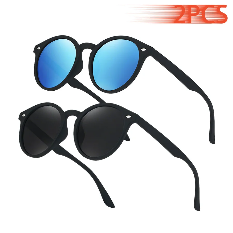 2PCS Classics Round Sunglasses with Stylish Metal Rivet Decor Casual Eyewear for Men Women Perfect for Driving Fishing