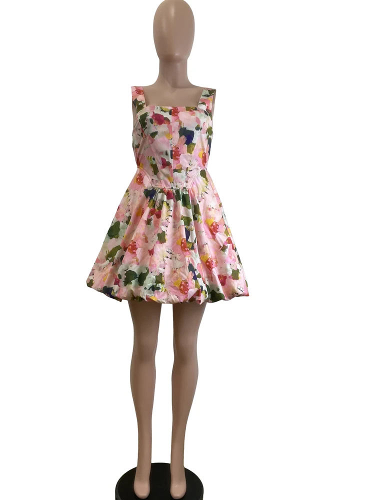 Elegancka sukienka mini bez rękawów na ramiączkach z falbankami i gorsetem, damska sukienka plażowa w tropikalny kwiatowy wzór, stroje wakacyjne.