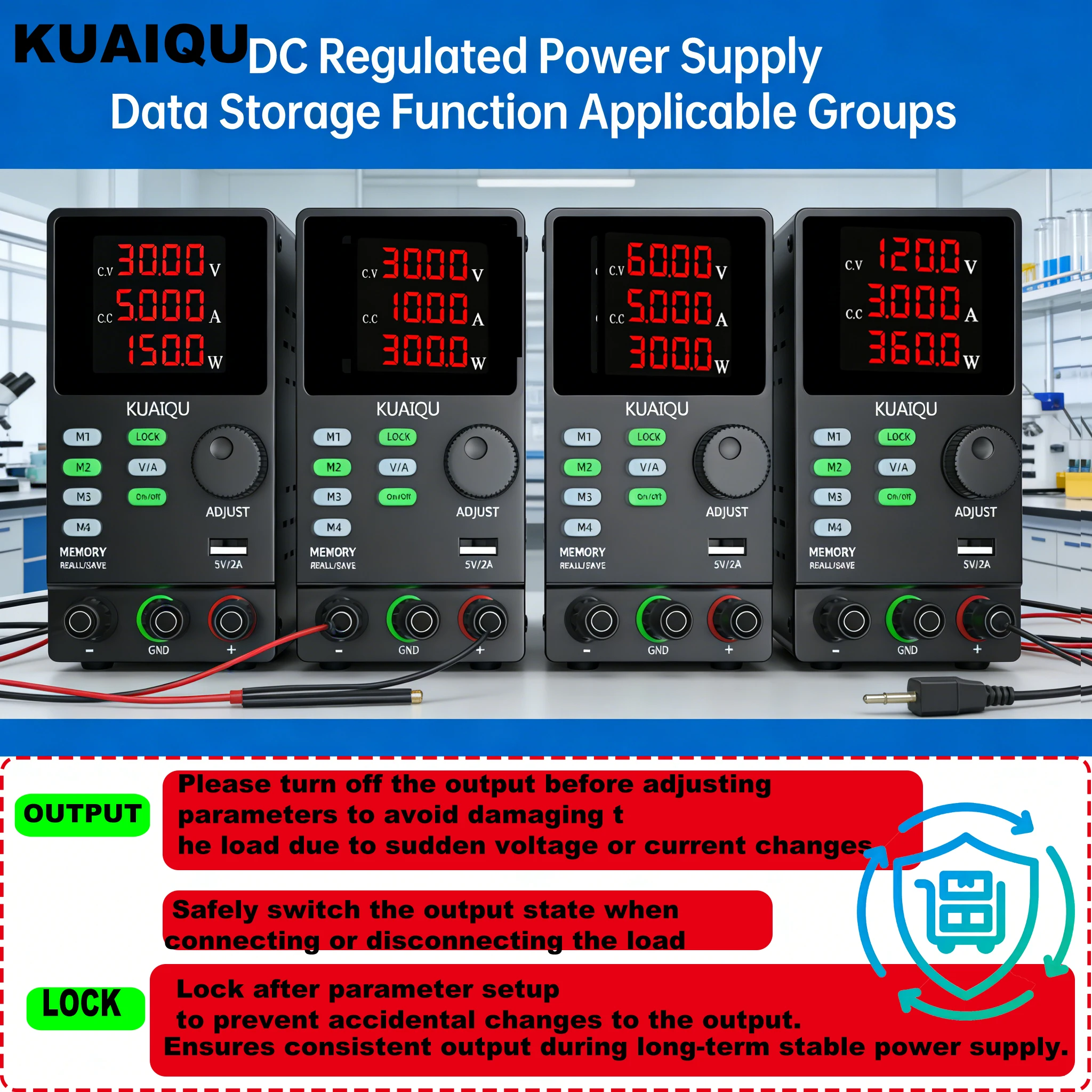 KUAIQU Adjustable DC Power Supply 30V 10A Memory Storage Lab Voltage Regulator Power Supply 60V 5A 120V 3A Output Preset Current