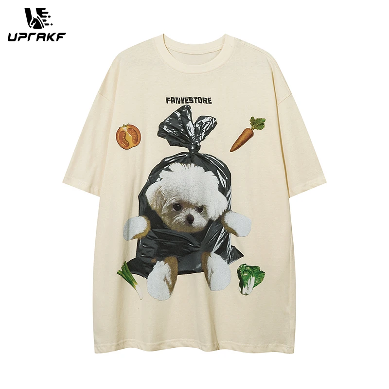 UPRAKF Puppy Pattern Round Neck Summer Trendy Streetwear Tee Oversize Washed Casual Short Sleeve Cotton