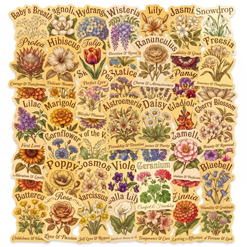 

50PCS Retro Colored Flower PVC Sticker Aesthetic DIY Decoration Phone Laptop Luggage Skateboard Graffiti Decals for Kids