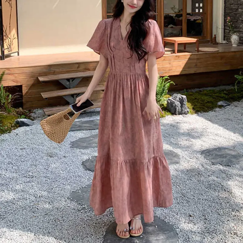 Elegant V-Neck Stylish Folds Dresses Female Clothing Short Sleeve Summer A-Line Waist Vintage Broken Flowers Spliced Long Dress