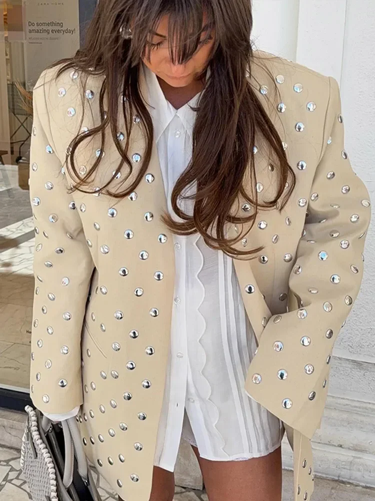 

Chic Rivet Splicing Oversized Suit Jacket Women Casual V Neck Long Sleeve Silver Blazer Coat Lady Fashion Street Outerwear 2025