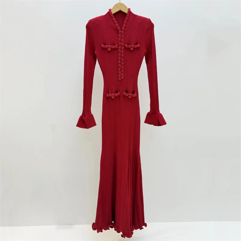 

Женское платье: Новое эластичное вязаное платье с V-образным вырезом, длинное, на весну 2026, с расклешенными рукавами, облегающее, для вечеринок, в стиле Y2K, обтягивающее бедра