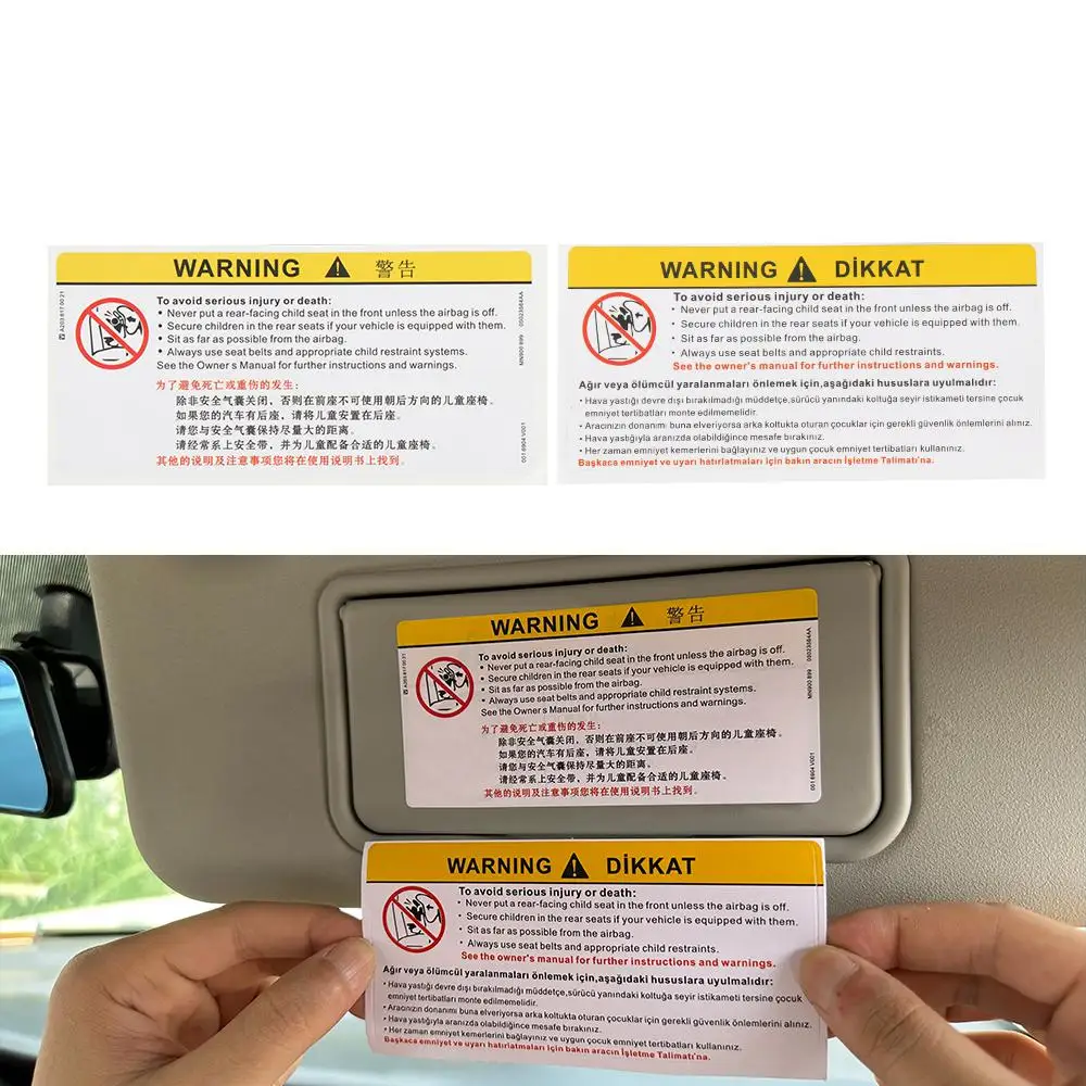 English Chinese Bilingual Car Sun Visor Airbag Safety Warning Decal Auto Makeup Mirror Interior Sticker Universal Car Decor