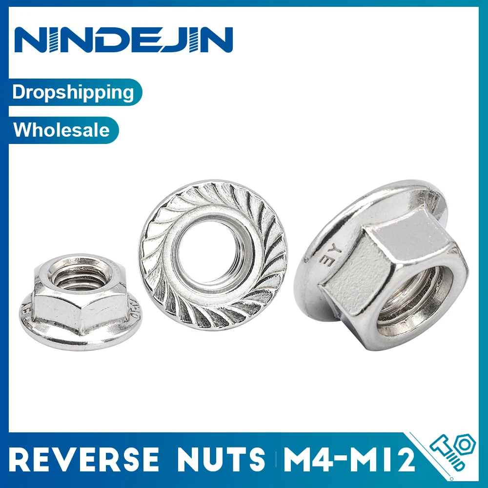 NINDEJIN 2-10pcs Left Hand Thread Flange Nut M6 M8 M10 M12 Stainless Steel Reverse Rotate Hexagon Hex Serrated Lock Flange Nut