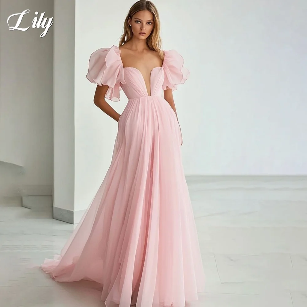 Lily rosa manga inchada vestido de noite manga regular vestido de baile plissados cetim a linha vestido de festa tule robes de soirée personalizado