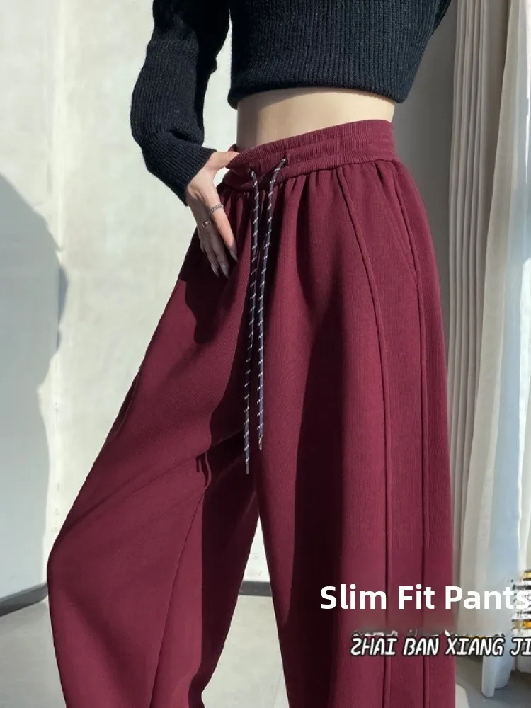 안켈라 레드 네로우 와이드 레그 팬츠 여성용 봄 가을 2025 스몰 사이즈 드레이피 스포츠 바나나 나이프 팬츠 트렌디 하이웨이스트 스트레이트 팬츠