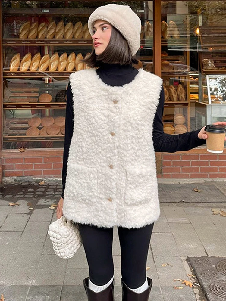 

Trendix Elegant Faux Mink Sweater Cardigan For Femme 2026 New Sleeveless Patchwork Pocket Vest Commuting Casual Loose Solid Coat