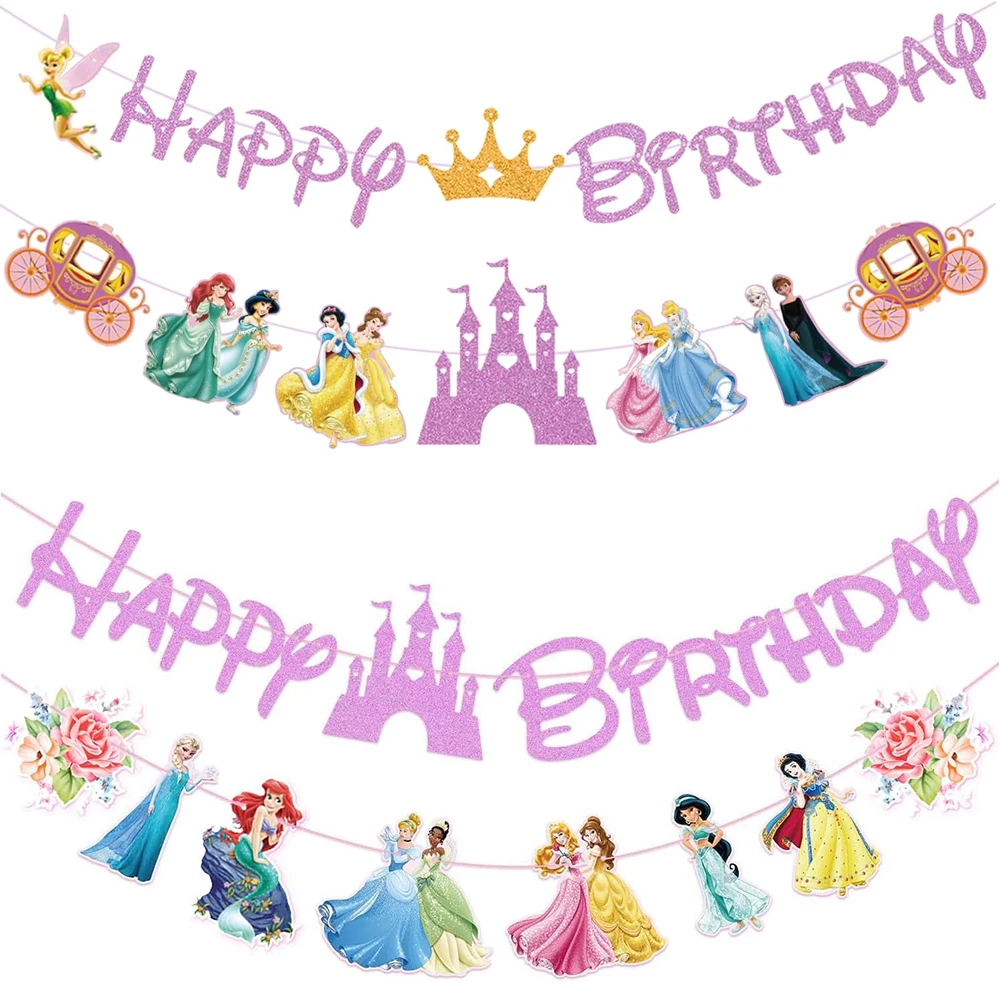 Princess Birthday Party Decoration for Girls Pink Princess Banner for Kids Baby Shower Aurora Elsa Happy Birthday Supplies Decor