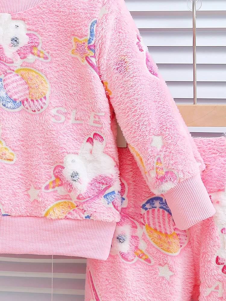 2pcs baby girl autumn and winter night light cartoon pattern long sleeved shirt and pants thickened for warmth