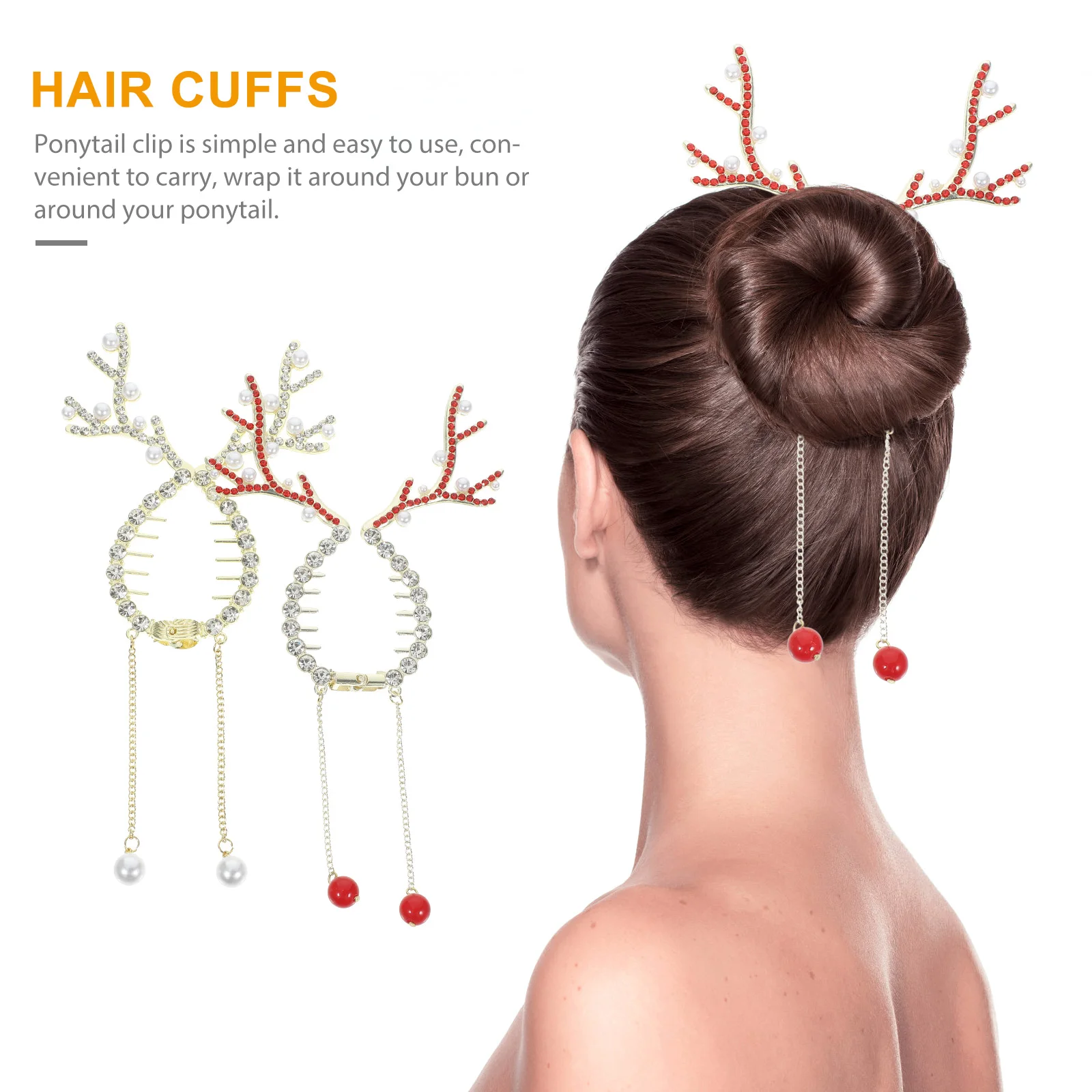 

2Pcs Reindeer Clips Women Reindeer Hair Clips Christmas Ponytail Claw Cuffs Metal Prong Pins Red White Thin Hair