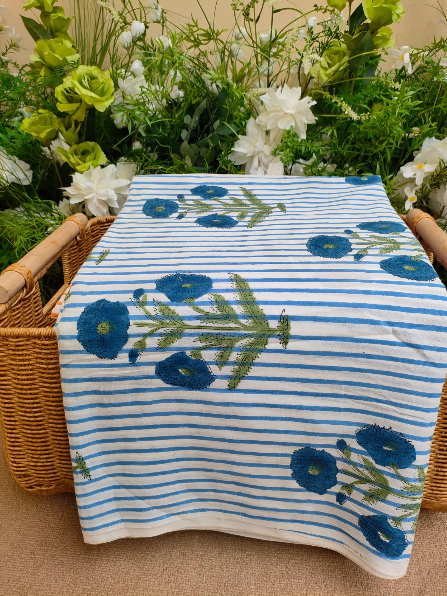 Indian Floral Cotton Fabric Hand Block Print Textile Soft striped blue flowers Quilting Material Natural Dye Fabric