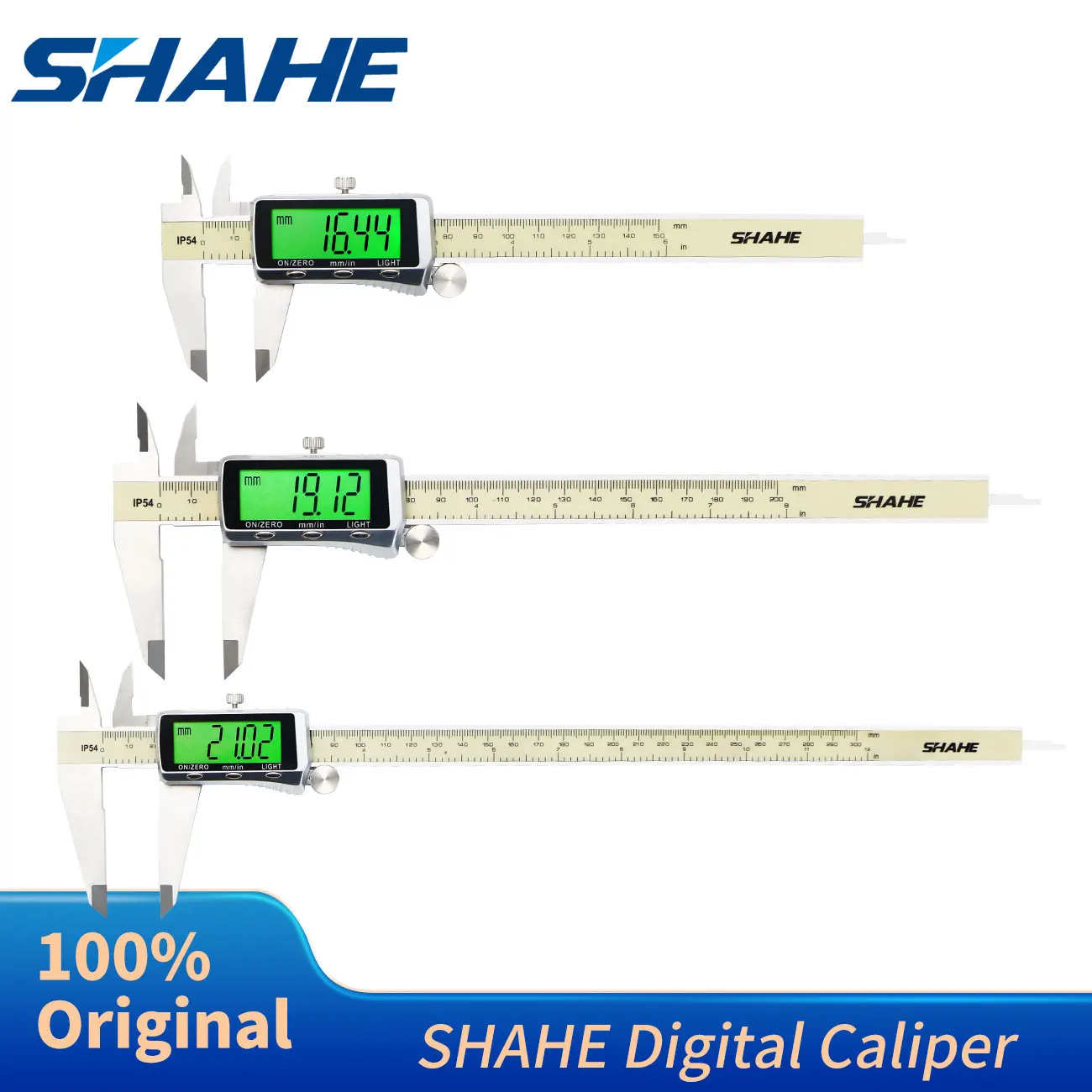 Calibrador digital SHAHE con retroiluminación, pantalla LCD grande, conversión de pulgadas y milímetros, acero inoxidable 150/200/300 mm