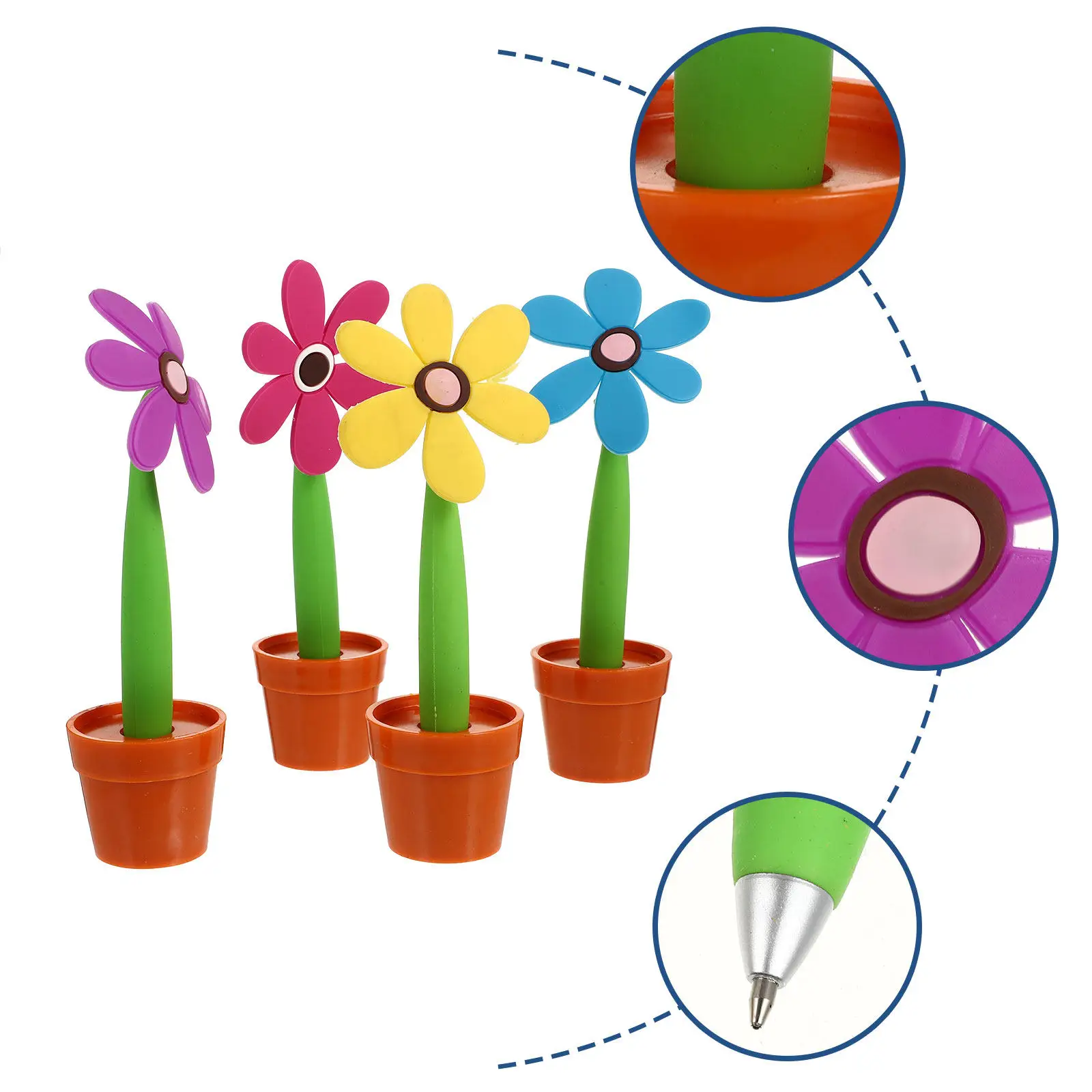 

4Pcs Bright Flowerpot Inspired Ballpoint Pens Sunflower Art Design Ergonomic Drying Ink for School Home Office Writing