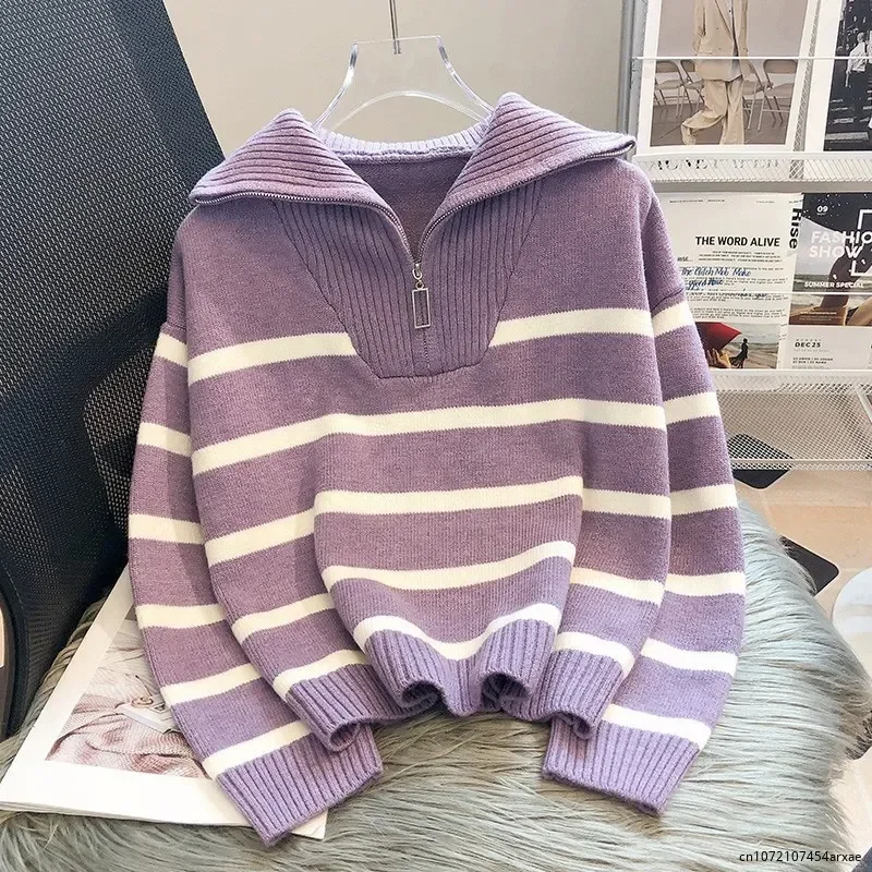 

Korean Striped Casual Sweater Pullovers Womens Coat Autumn and Winter New High-necked Contrast Fashion Zipper Striped Sweater