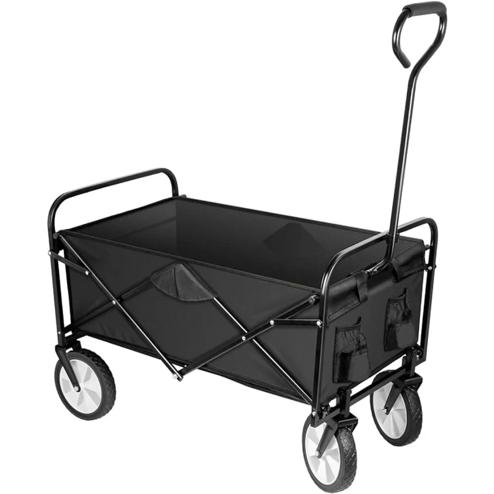 

YSSOA Folding Garden Cart PRO, Collapsible Wagon with 360 Degree Swivel Wheels & Adjustable Handle, Black, 220lbs Weight