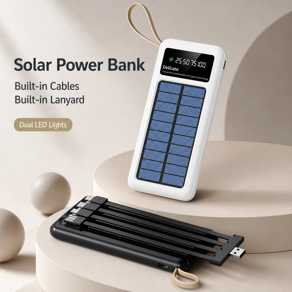 Solar Power Bank 20000mAh with Built-in Cables and Dual LED Flashlights, Portable External Battery Pack For Samsung and iPhone