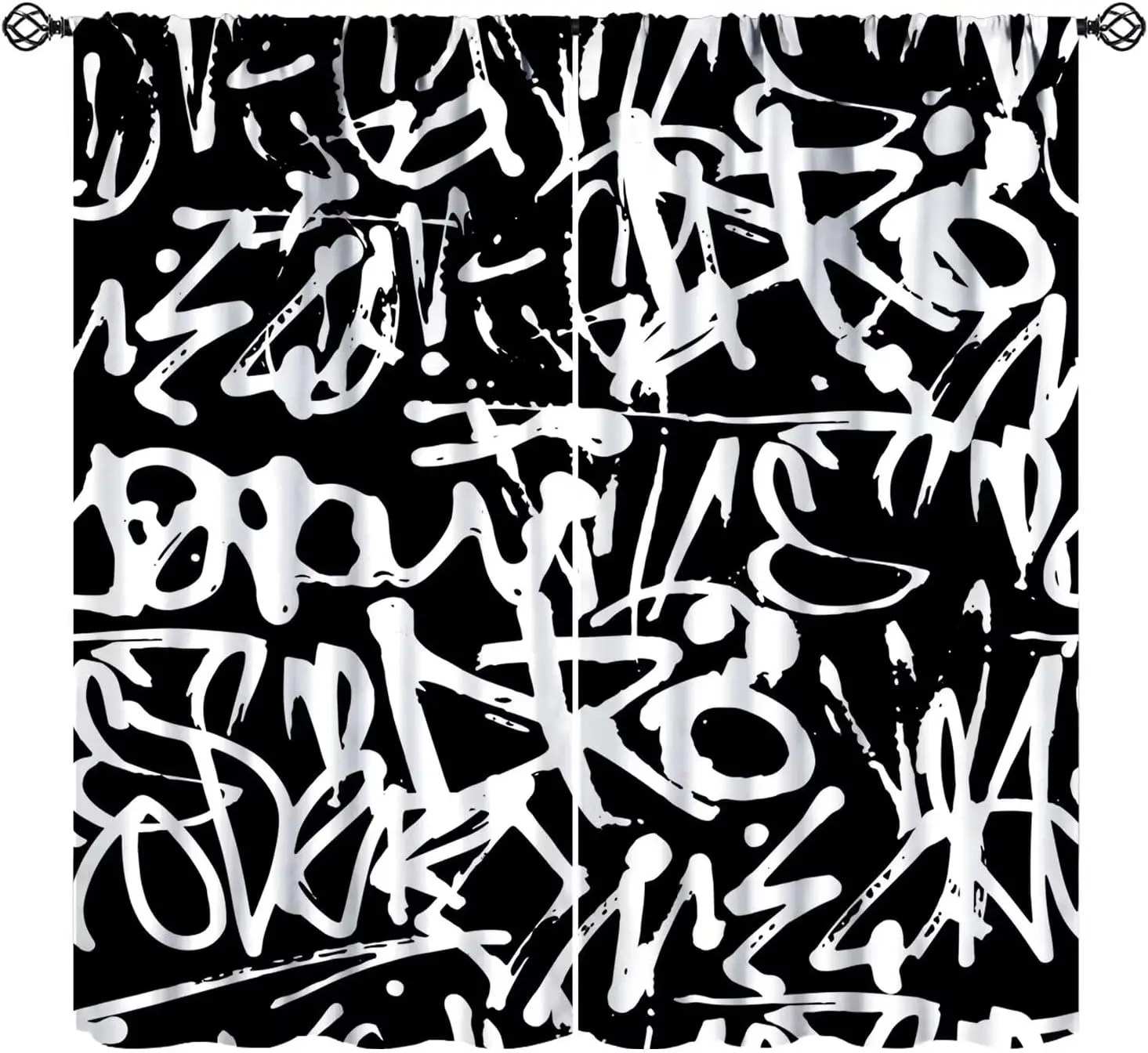 Black Base White Abstract Graffiti Curtain 2 Panels Handwritten Letter Pattern Inn Stylish Hip Hop Teen Bedroom Home Curtains