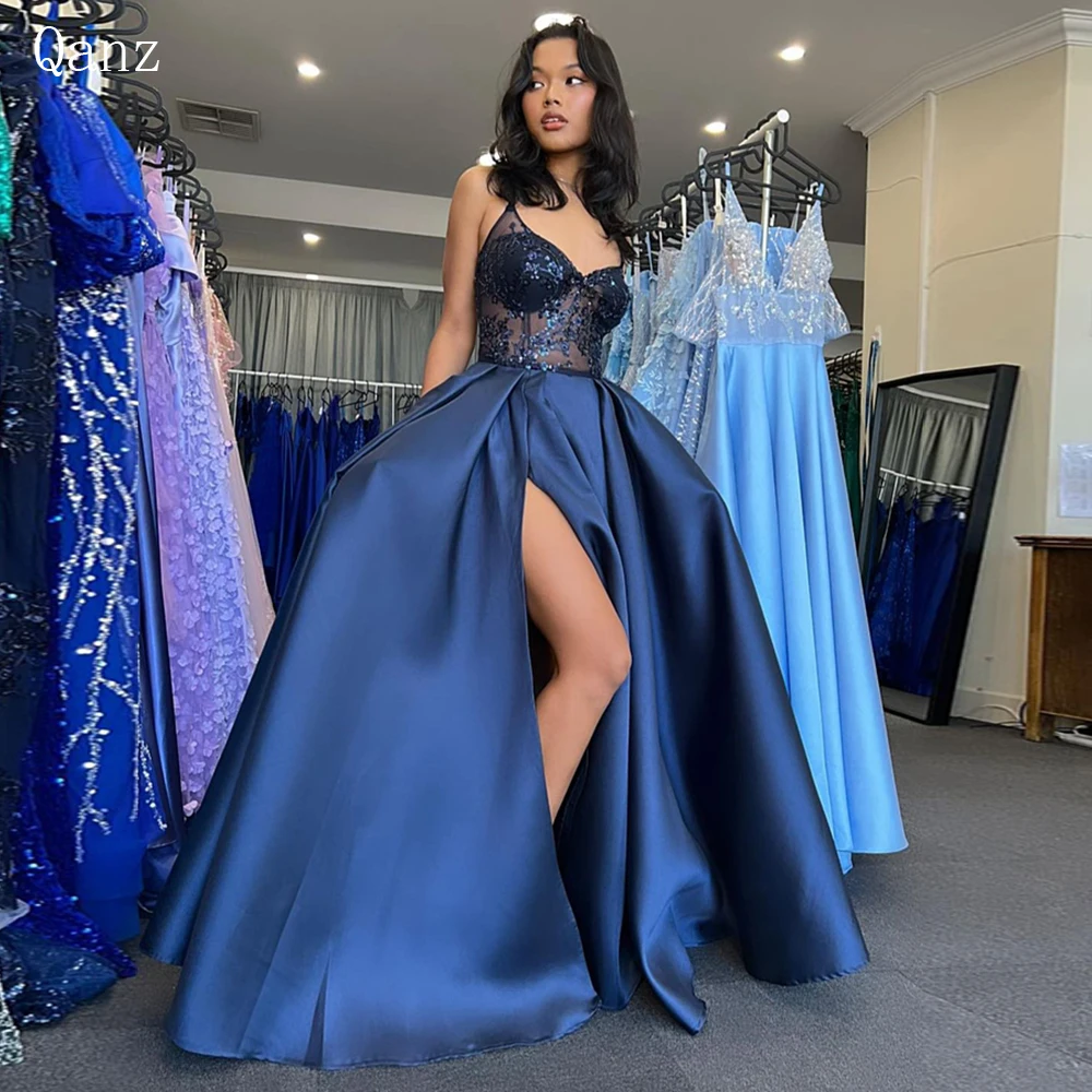 

Qanz Navy Blue Satin Long Evening Dresses Robes De Soirée Straps Sparkly Sequins Side Slit Women Prom Dress Formal Party Gowns