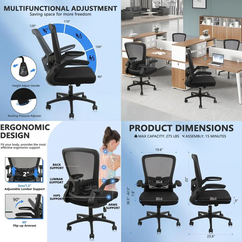 

Ergonomic Swivel Office Chair with Adjustable Height, Mesh Back, Flip-Up Armrests, Black