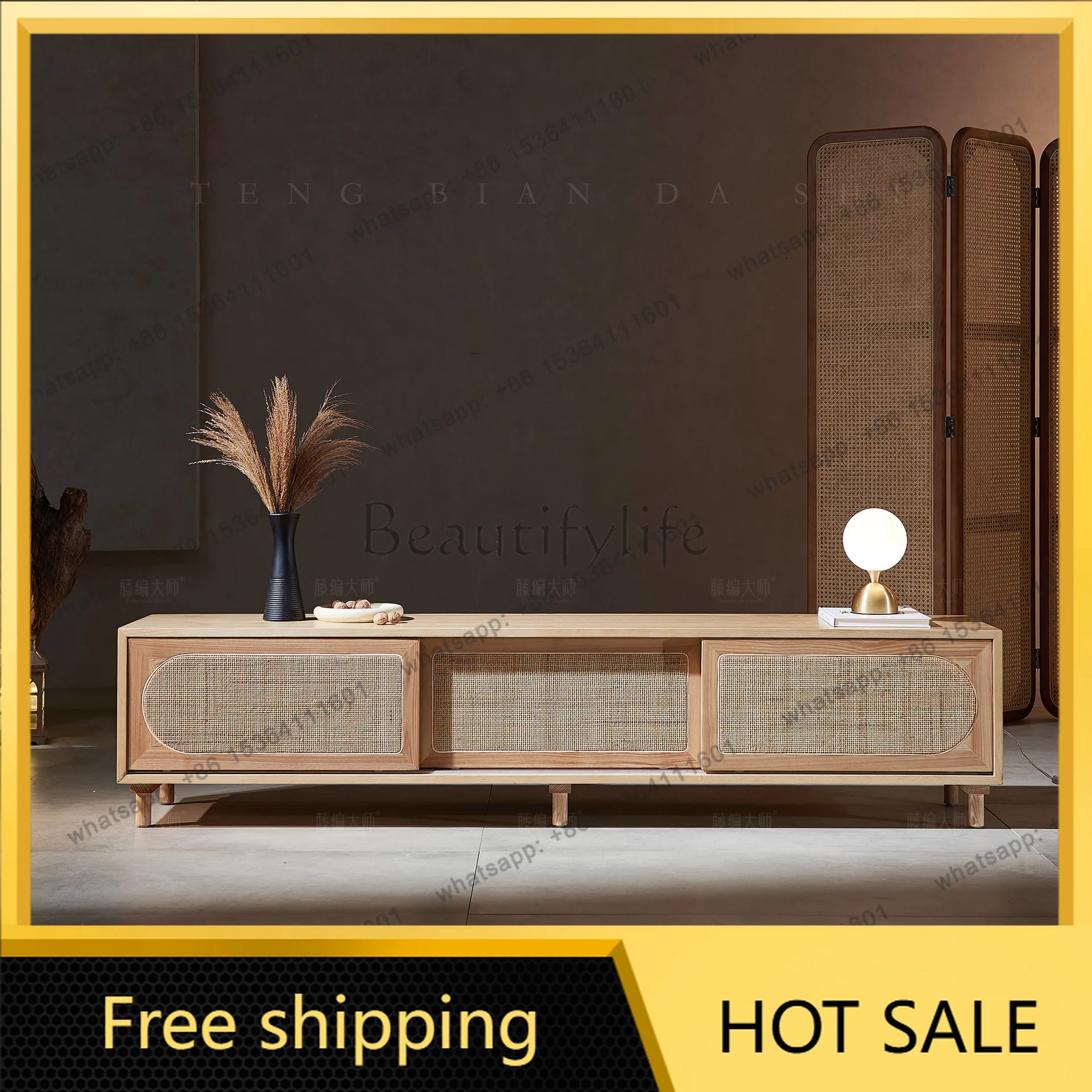 FG Japanese-style simple rattan solid wood TV cabinet floor-to-ceiling log storage locker