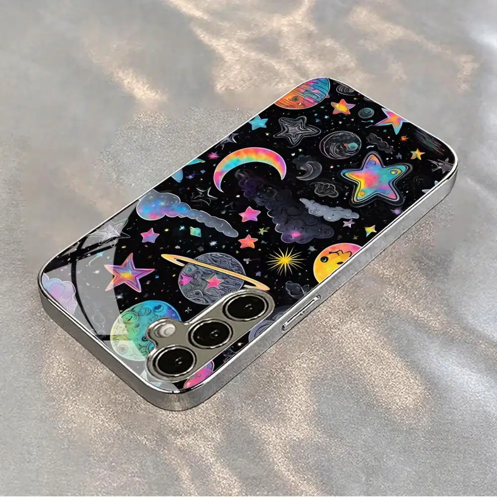 Colorful Gradient Full Moon Stars Silver Electroplated Glass Phone Case For Samsung Galaxy S25 Ultra S24 S23 S22 Plus Back Cover