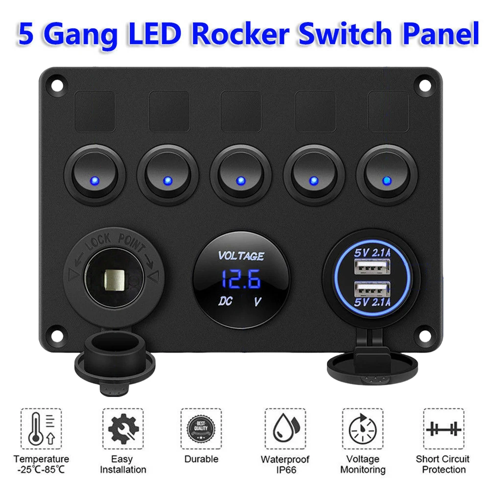 5 Gang 12V/24V Inline Fuse Box LED Switch Panel Waterproof Marine Switch Panel Car Marine Boat Truck Trailer Caravan Accessories