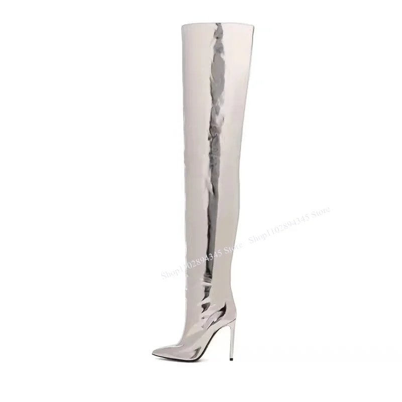 Botas por encima de la rodilla de charol plateado para Mujer, zapatos de tacón alto fino con punta puntiaguda, informales, Sexy, talla grande, Verano