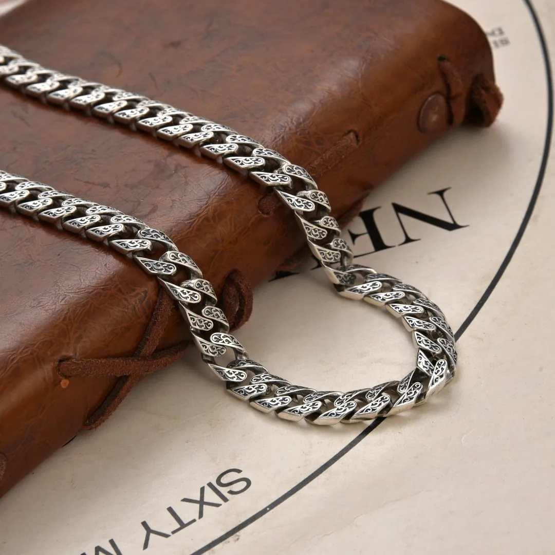 High-grade rattan pattern vintage necklace niche 925 sterling silver men's thick type personality Cuban link chain sweater chain