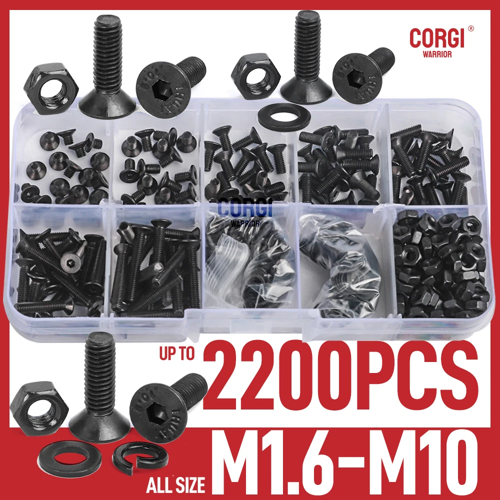 Up To 2200 Metric Allen Hex Flat Head Socket Cap Screws Assortment Kit Black 10.9 Grade M1.6 M2 M2.5 M3 M4 To M10 4-50mm Bolts