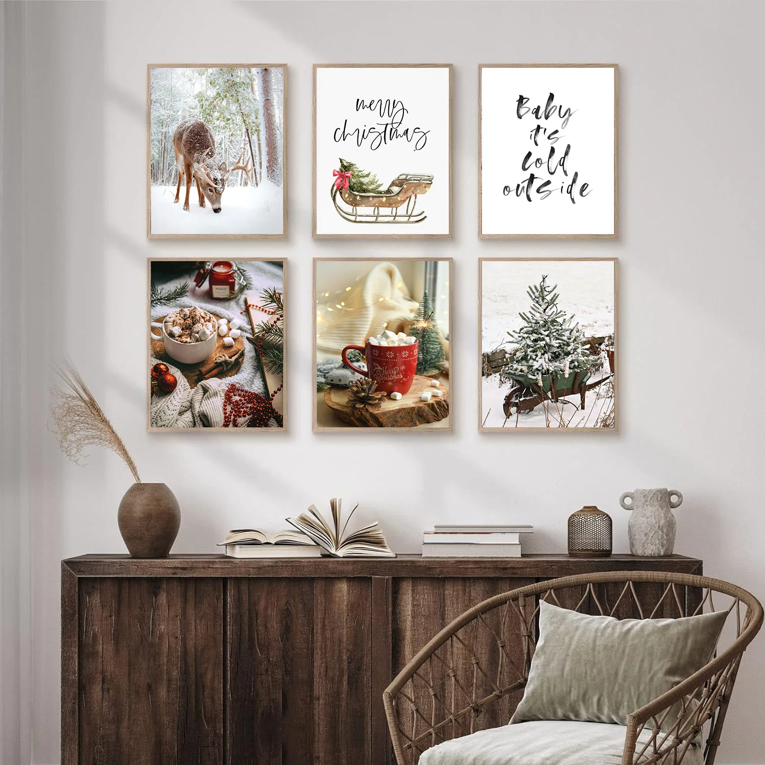 Winter Snow Scene Elk Print Posters Christmas Gingerbread Man Hot Drink  Wall Art Canvas Painting for Living Room Holiday Decor