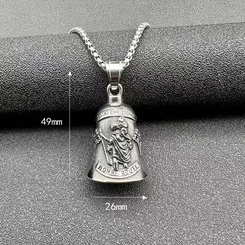 Stainless Steel Saint Christopher Traveler Guardian Lucky Riding Bell Pendant - Unique Faith Jewelry