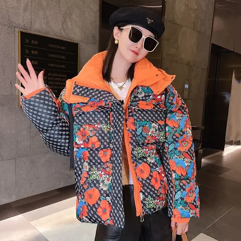 Print High-End Quality Hoody Down Jacket 2024 New Women White Down Cotton Jacket Student Fried Street Winter Thick Coat Oversize