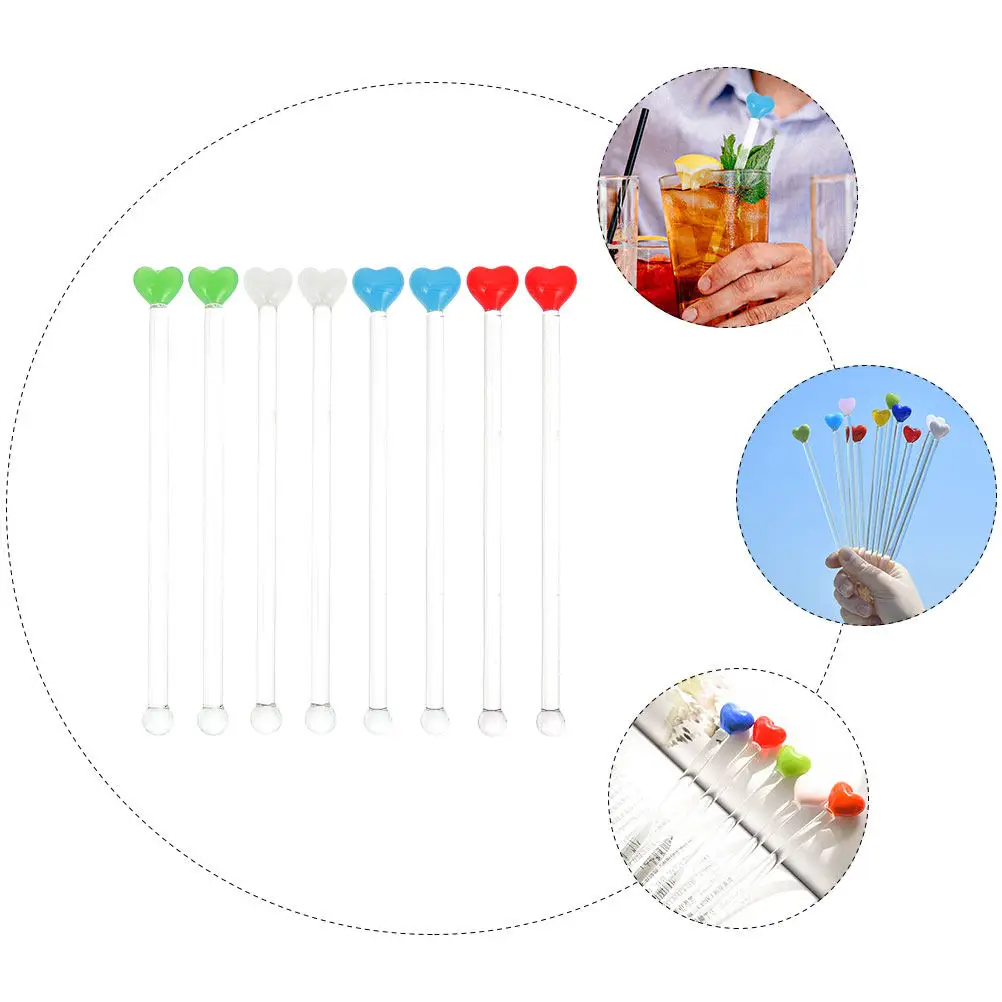 8Pcs Premium Glass Heart Swizzle Sticks Strong Non-Rust Stirring Rods for Beverages Cocktails Coffee Tea Wine Juice