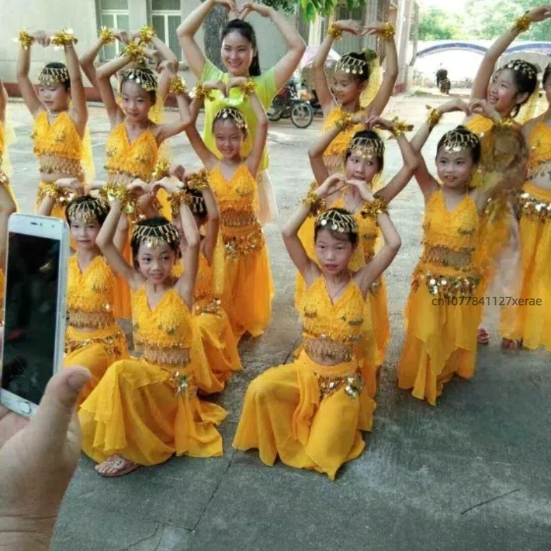 ชุด 6 ชิ้นเด็กอินเดียเต้นรําเครื่องแต่งกาย,สีชมพู Glitter Top,กระโปรงเอว CHAIN,Belly Dance Performance